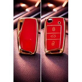 Schutzh�lle Autoschl�ssel Cover edel rot-gold MQB Plattform