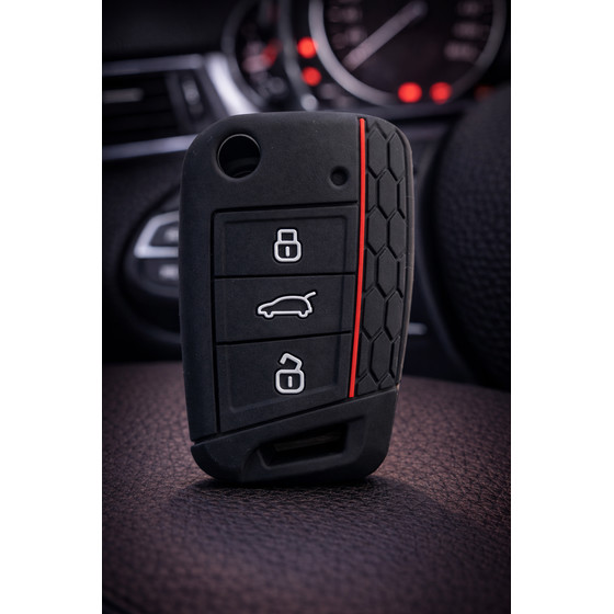 Schutzh�lle Autoschl�ssel schwarz-rot f�r Klappschl�ssel MQB - Personalisiert