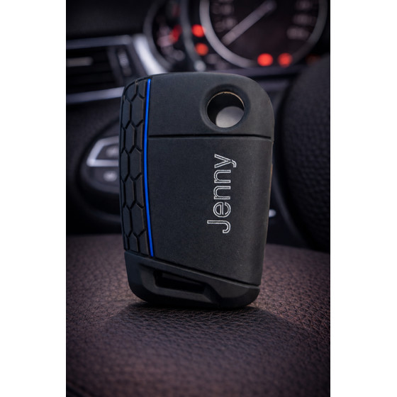 Schutzh�lle Autoschl�ssel schwarz-blau f�r Klappschl�ssel MQB - Personalisiert